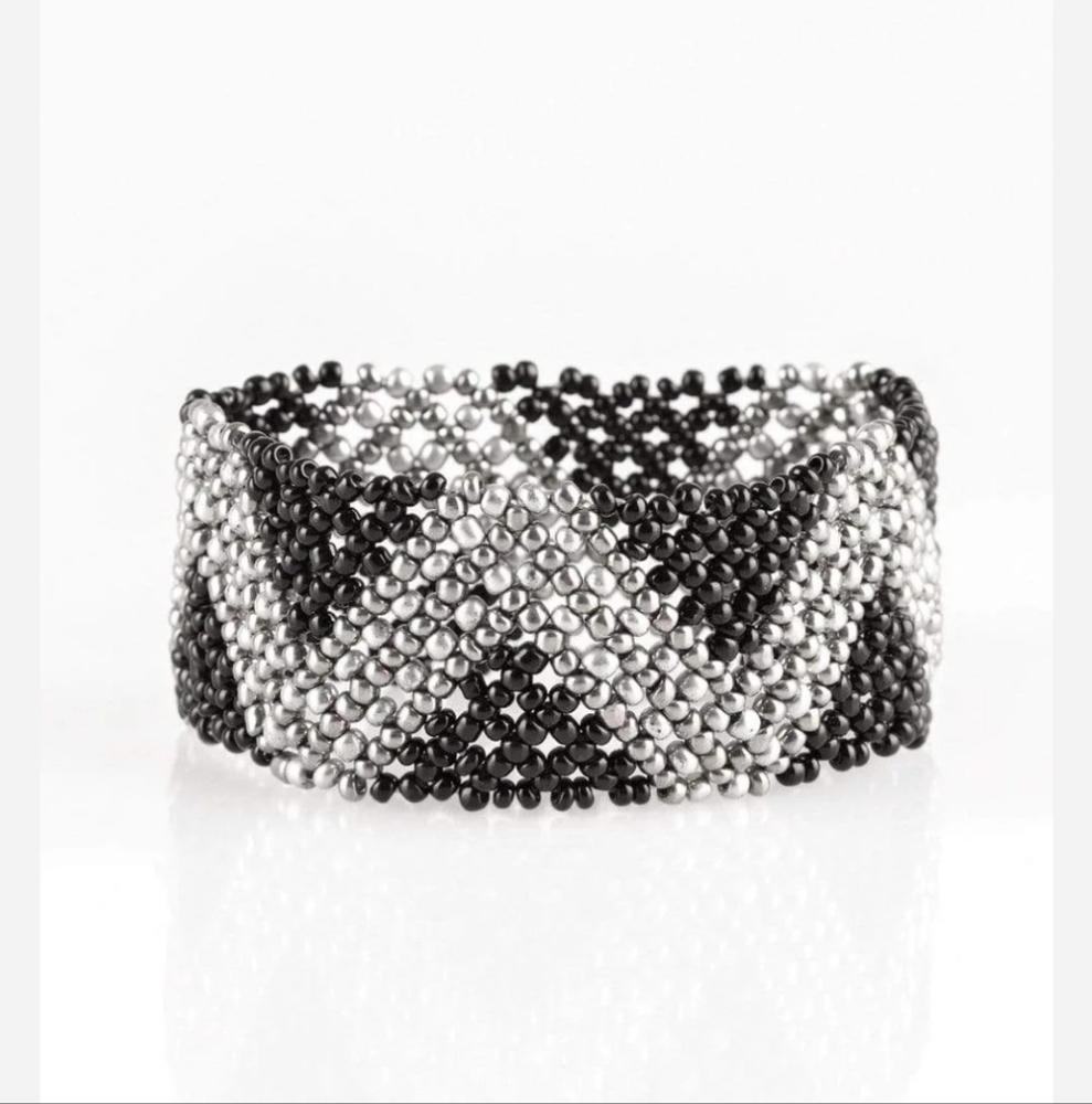 Paparazzi Desert Loom Black, Silver & White Beaded Elastic Bracelet - Picture 3 of 8